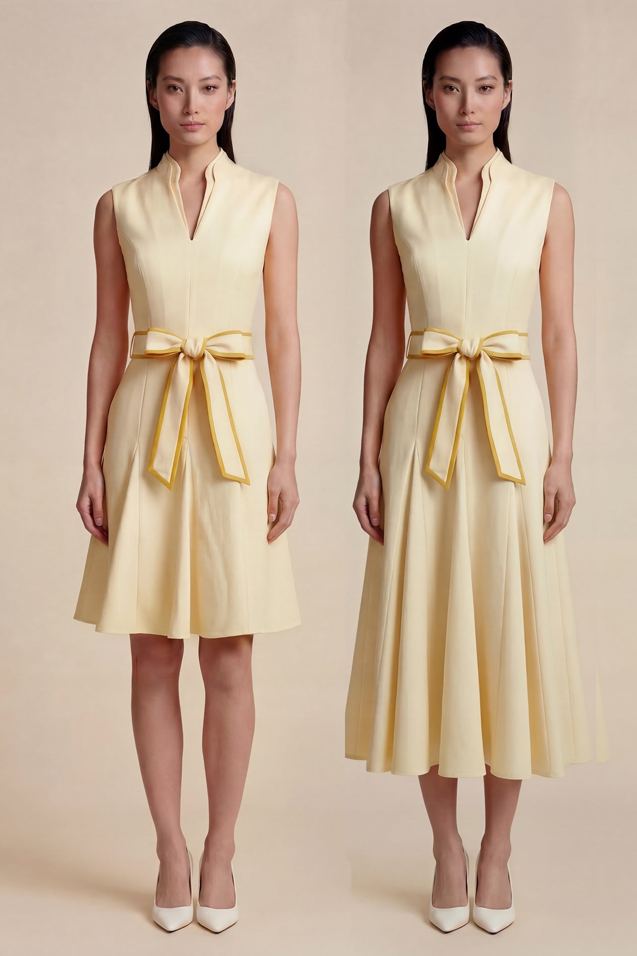 A side-by-side comparison of an elegant pale yellow sleeveless dress in two lengths, featuring a sophisticated mandarin collar, a stylish bow tie-waist, and a pleated A-line skirt for a classic feminine look