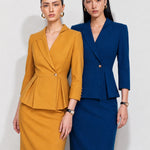 A style comparison of two elegant women's skirt suit sets featuring three-quarter sleeve blazers with single-button closure and pleated peplum hems, paired with matching pencil skirts in mustard yellow and deep teal blue.