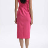 A professional woman wearing a vibrant hot pink modern qipao dress, featuring a classic mandarin collar, sleeveless design, and elegant gold button side-fastening with a sophisticated slit for an oriental chic look.