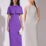 A style comparison of two elegant tailored office sheath midi dresses; the left showcasing a structured vibrant purple dress with a collared capelet sleeve design, and the right featuring a minimalist light grey sleeveless dress with subtle pleated neckline and side pockets.
