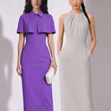 A style comparison of two elegant tailored office sheath midi dresses; the left showcasing a structured vibrant purple dress with a collared capelet sleeve design, and the right featuring a minimalist light grey sleeveless dress with subtle pleated neckline and side pockets.
