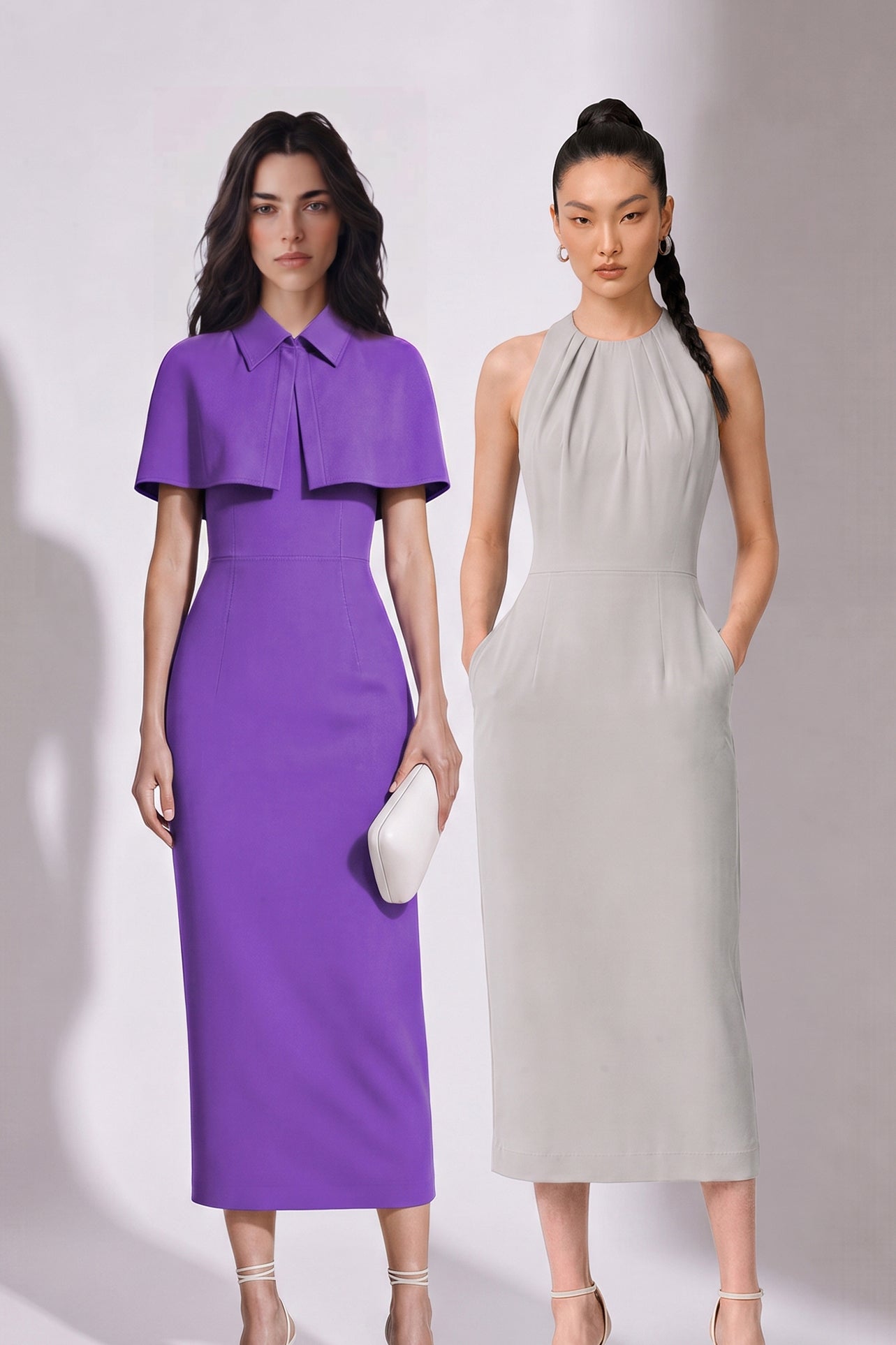 A style comparison of two elegant tailored office sheath midi dresses; the left showcasing a structured vibrant purple dress with a collared capelet sleeve design, and the right featuring a minimalist light grey sleeveless dress with subtle pleated neckline and side pockets.