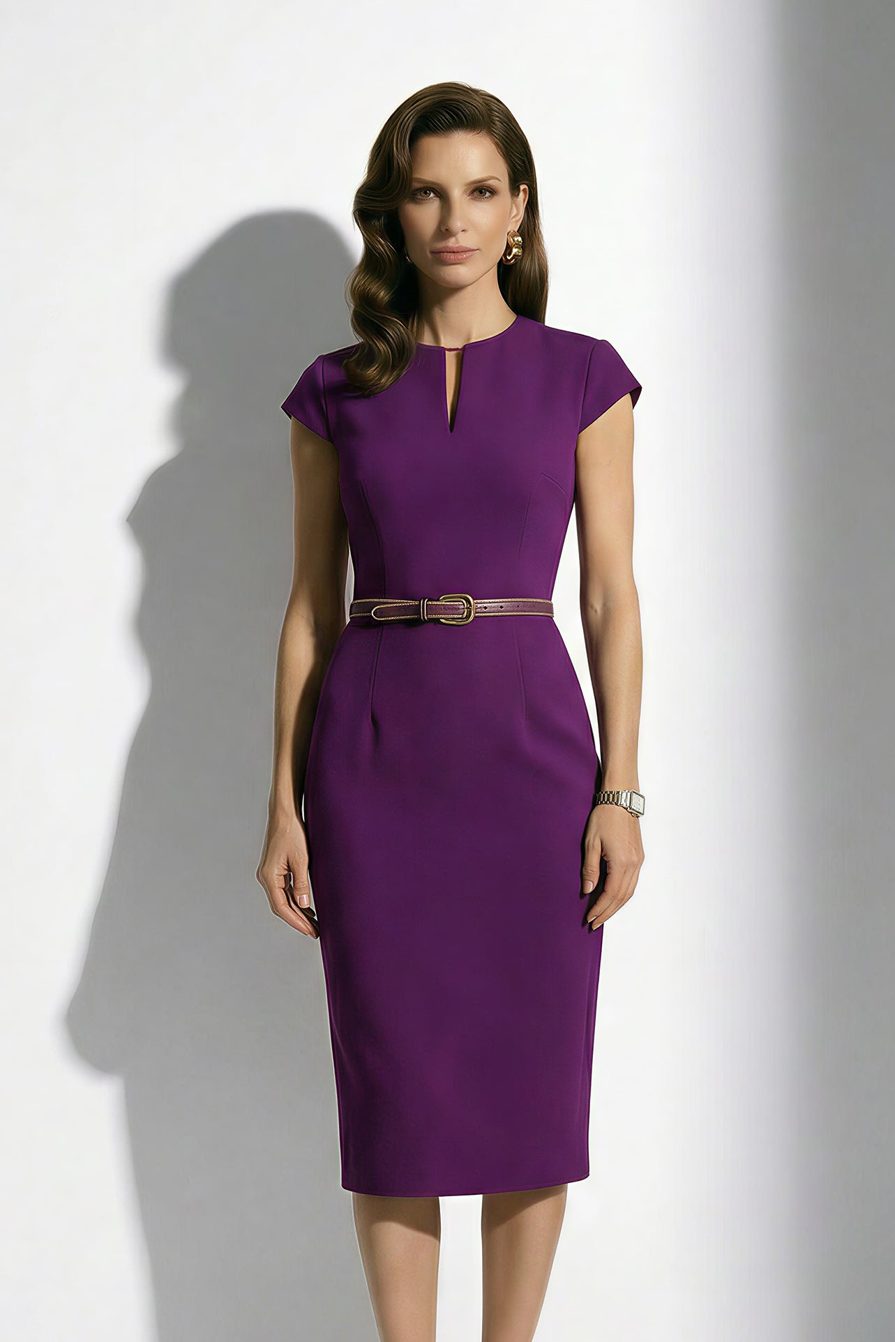 A professional woman modeling an elegant deep purple sheath dress, featuring a sophisticated keyhole neckline, cap sleeves, and a slim waist belt for a polished executive office look.