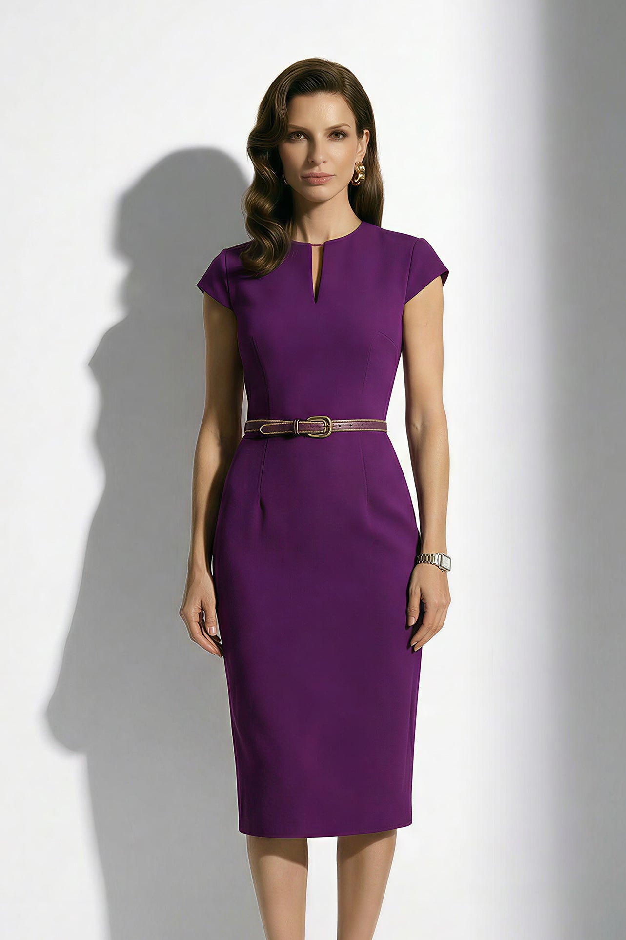 A professional woman modeling an elegant deep purple sheath dress, featuring a sophisticated keyhole neckline, cap sleeves, and a slim waist belt for a polished executive office look.