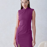 A professional woman wearing a stunning magenta purple sleeveless dress, featuring a traditional mandarin collar, a row of elegant side buttons, and a sophisticated high slit for a modern oriental look.