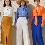A style collection of three models presenting elegant dopamine office wear; the left in a white bow-tie blouse with a mustard yellow front-slit midi skirt, the center wearing a blue striped pussy-bow shirt with a straw hat and white wide-leg trousers, and the right in a vibrant orange satin blouse with a royal blue pencil skirt.