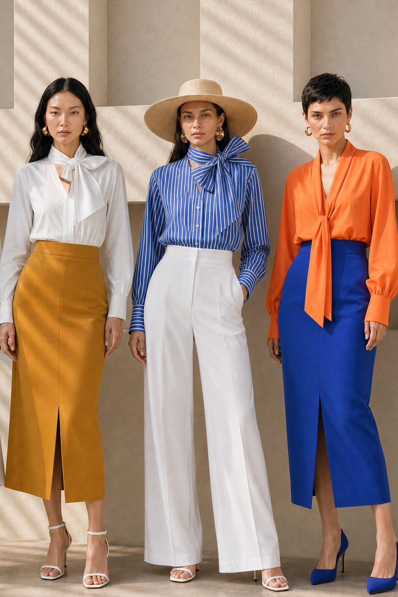 A style collection of three models presenting elegant dopamine office wear; the left in a white bow-tie blouse with a mustard yellow front-slit midi skirt, the center wearing a blue striped pussy-bow shirt with a straw hat and white wide-leg trousers, and the right in a vibrant orange satin blouse with a royal blue pencil skirt.
