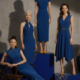A collection of four professional models of different ages wearing elegant royal blue dresses featuring modern Chinese elements, including mandarin collars, traditional knot buttons, and diverse silhouettes from sleek sheaths to pleated A-line skirts.