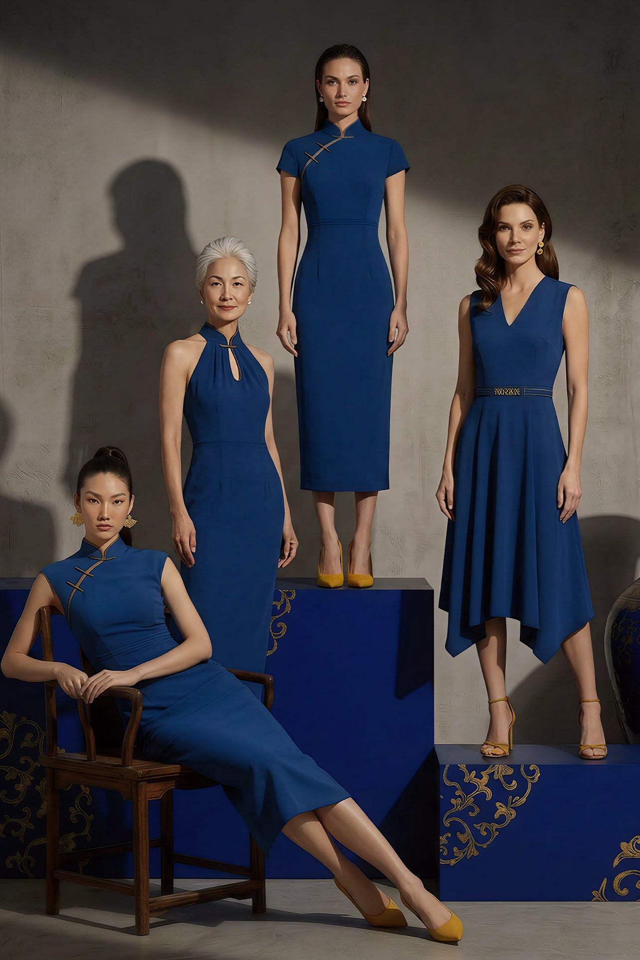 A collection of four professional models of different ages wearing elegant royal blue dresses featuring modern Chinese elements, including mandarin collars, traditional knot buttons, and diverse silhouettes from sleek sheaths to pleated A-line skirts.