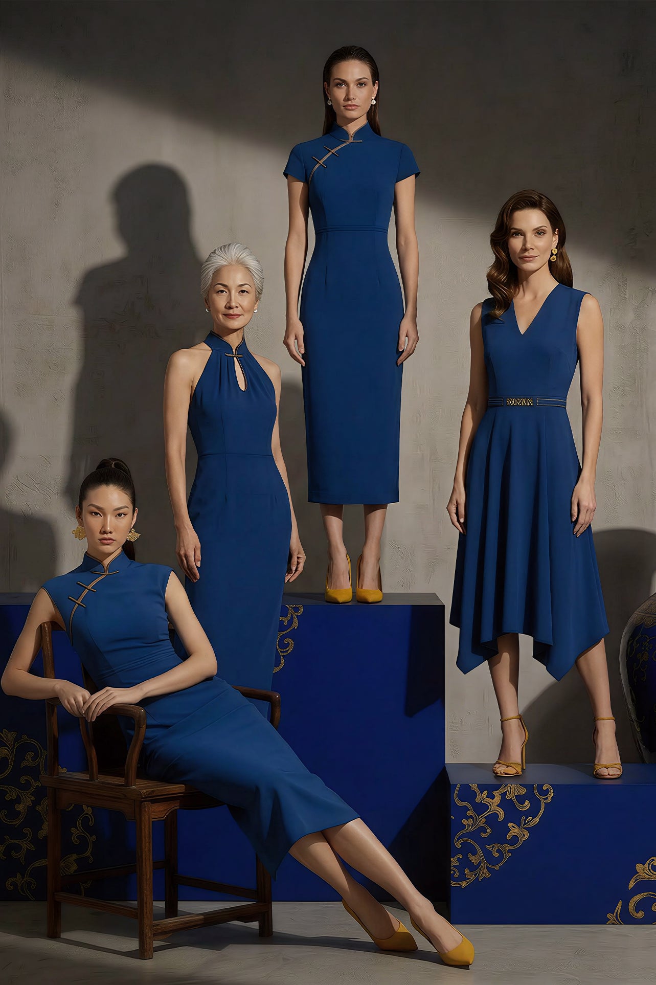 A collection of four professional models of different ages wearing elegant royal blue dresses featuring modern Chinese elements, including mandarin collars, traditional knot buttons, and diverse silhouettes from sleek sheaths to pleated A-line skirts.