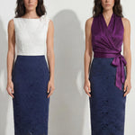 A style comparison of two professional office outfits: the left showing a sleeveless color-block lace dress with a white 3D flower bodice, and the right featuring a rich purple satin wrap halter top paired with the same navy blue lace pencil skirt for a sophisticated corporate look.
