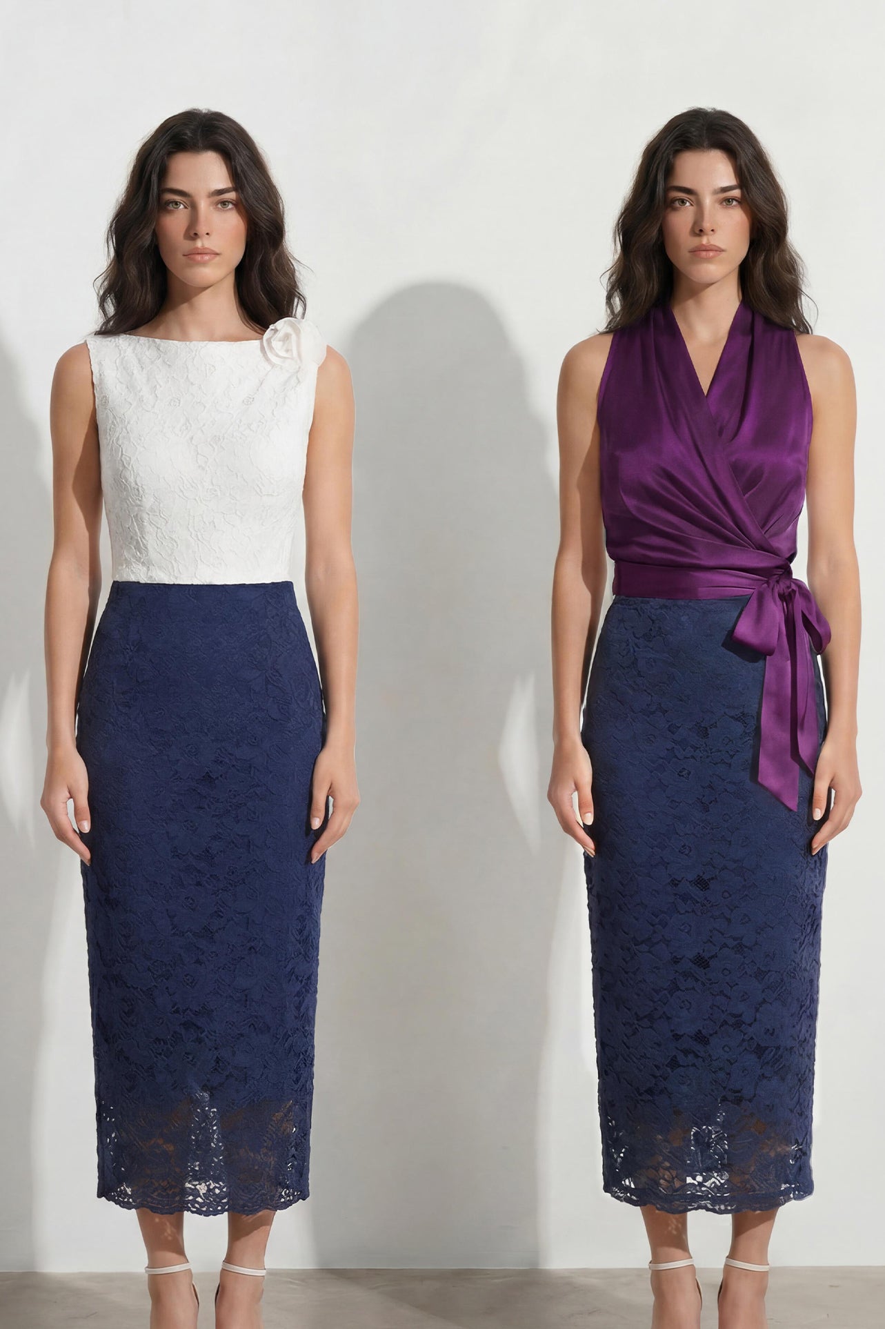 A style comparison of two professional office outfits: the left showing a sleeveless color-block lace dress with a white 3D flower bodice, and the right featuring a rich purple satin wrap halter top paired with the same navy blue lace pencil skirt for a sophisticated corporate look.