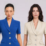A style comparison of two professional summer short-sleeve blazers featuring an elegant shawl collar, three-button front, and flap pockets; the left shown in vibrant royal blue and the right in sophisticated light beige.