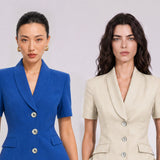 A style comparison of two professional summer short-sleeve blazers featuring an elegant shawl collar, three-button front, and flap pockets; the left shown in vibrant royal blue and the right in sophisticated light beige.