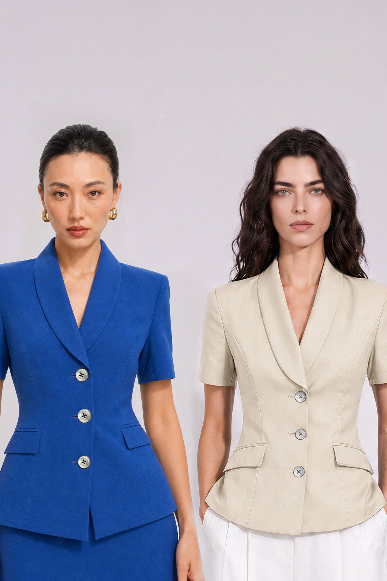 A style comparison of two professional summer short-sleeve blazers featuring an elegant shawl collar, three-button front, and flap pockets; the left shown in vibrant royal blue and the right in sophisticated light beige.
