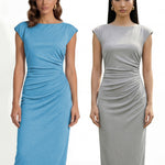 Two professional women modeling elegant sky blue and light grey sheath dresses, featuring a sophisticated boat neck, cap sleeves, and slimming side ruched details for a polished executive look.
