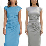 Two professional women modeling elegant sky blue and light grey sheath dresses, featuring a sophisticated boat neck, cap sleeves, and slimming side ruched details for a polished executive look.
