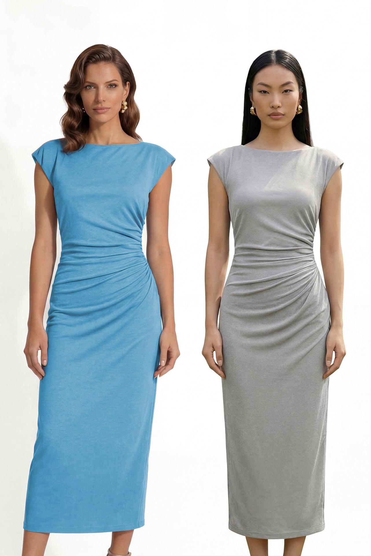 Two professional women modeling elegant sky blue and light grey sheath dresses, featuring a sophisticated boat neck, cap sleeves, and slimming side ruched details for a polished executive look.