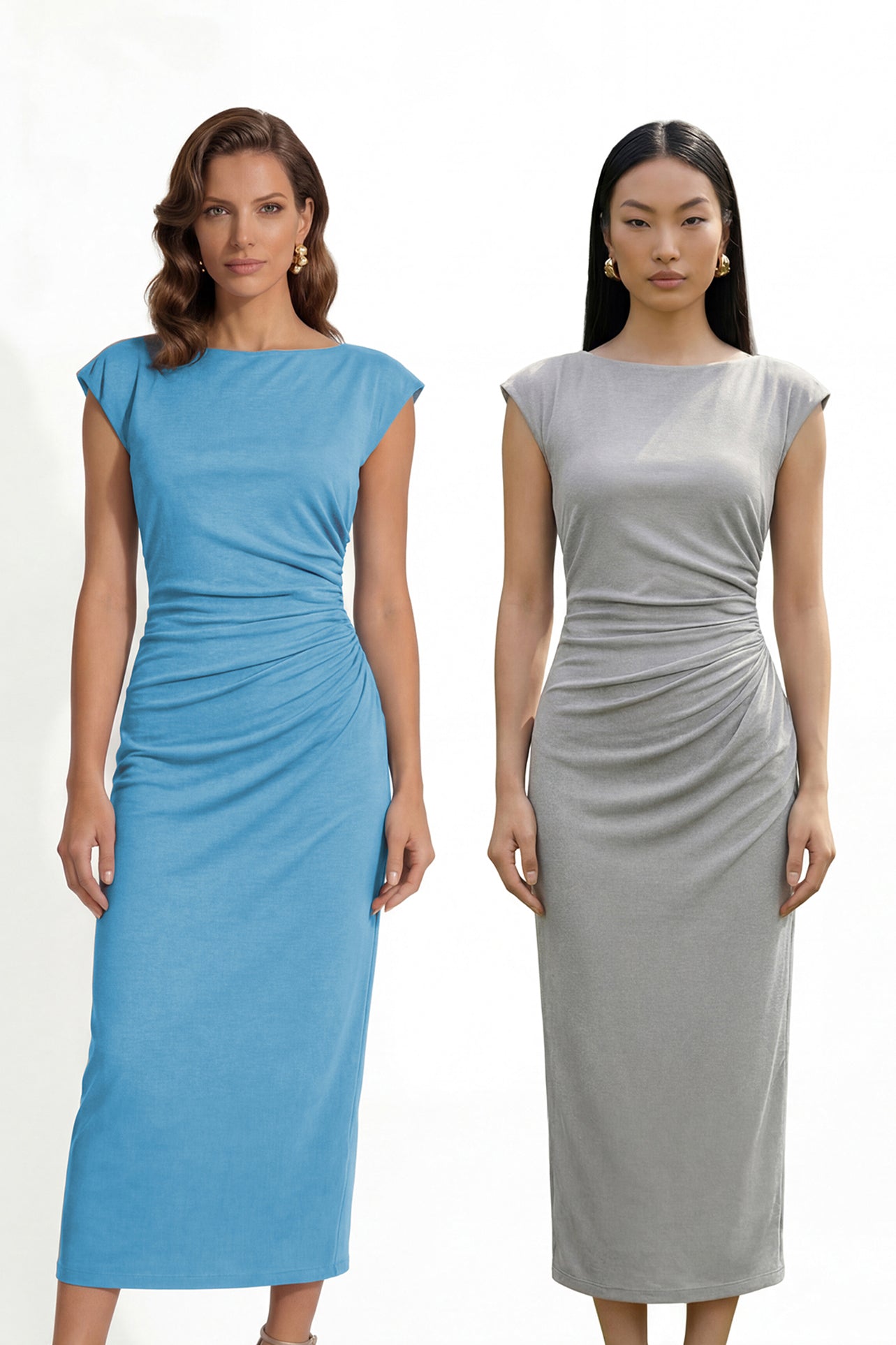 Two professional women modeling elegant sky blue and light grey sheath dresses, featuring a sophisticated boat neck, cap sleeves, and slimming side ruched details for a polished executive look.