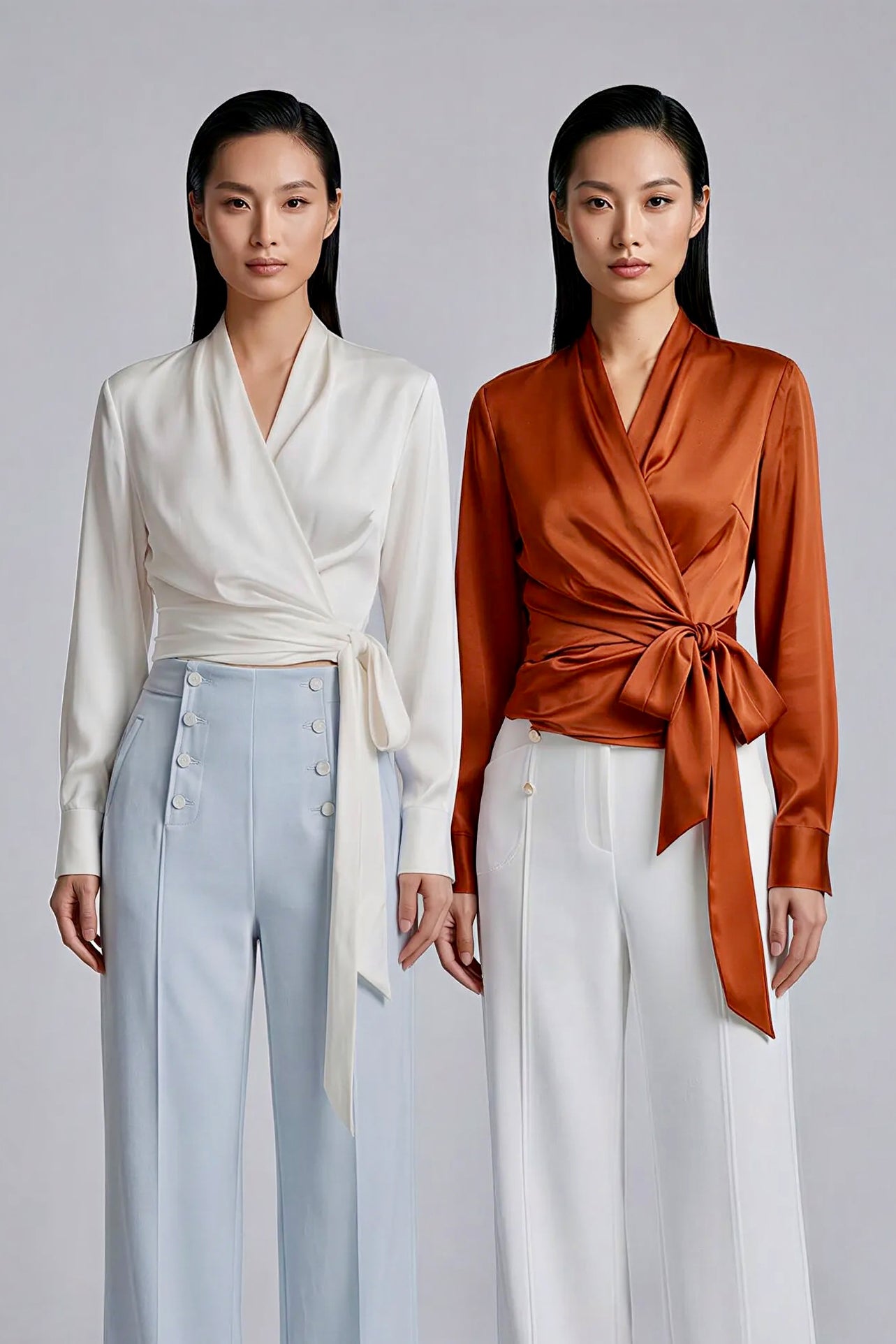 A professional woman wearing a high-end white silk wrap blouse with a side-tie detail, paired with a tailored black high-waisted pencil skirt for a sophisticated executive office look.