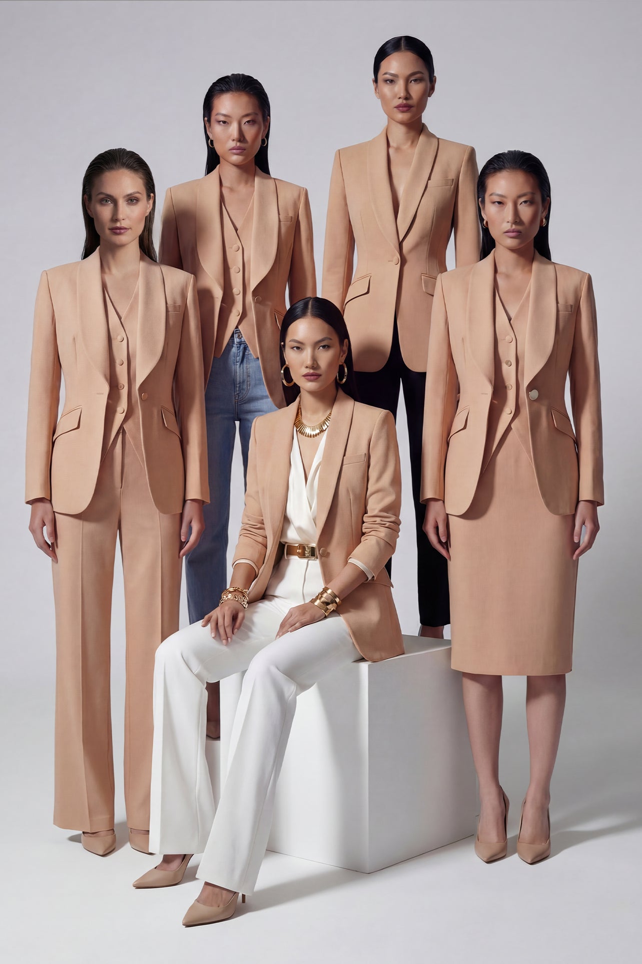 A professional woman wearing a sophisticated apricot-colored tailored vest, featuring a deep V-neckline and a unique pointed hem for an elegant executive office look.