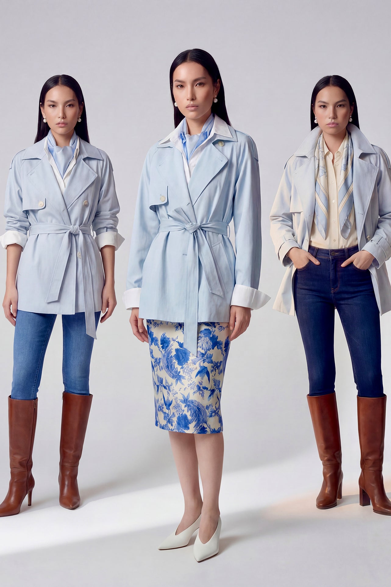 A professional woman wearing an elegant light blue short trench coat with a waist-tie belt and white sleeve cuffs, perfect for a smart casual spring office look.