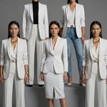 Two professional women showcasing high-end executive business suits: one in a crisp white pant suit with a shawl lapel blazers, and the other in a sophisticated camel skirt suit with a tailored vest, perfect for formal corporate settings.