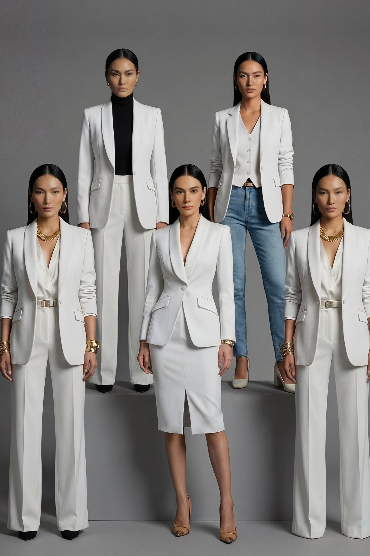 Two professional women showcasing high-end executive business suits: one in a crisp white pant suit with a shawl lapel blazers, and the other in a sophisticated camel skirt suit with a tailored vest, perfect for formal corporate settings.