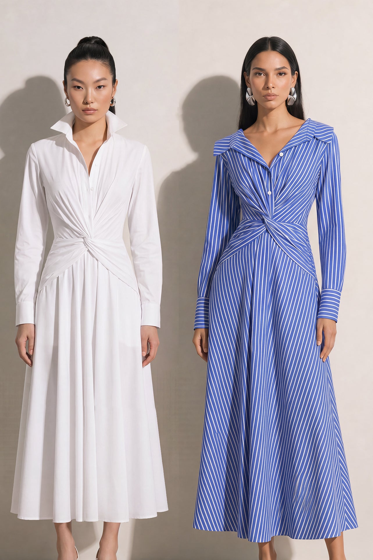 A style comparison of two elegant long-sleeve shirt maxi dresses featuring a unique twist knot waist design; the left showcasing a minimalist solid white dress with a popped collar, and the right featuring a classic blue and white vertical striped dress with a flattering A-line flare skirt.