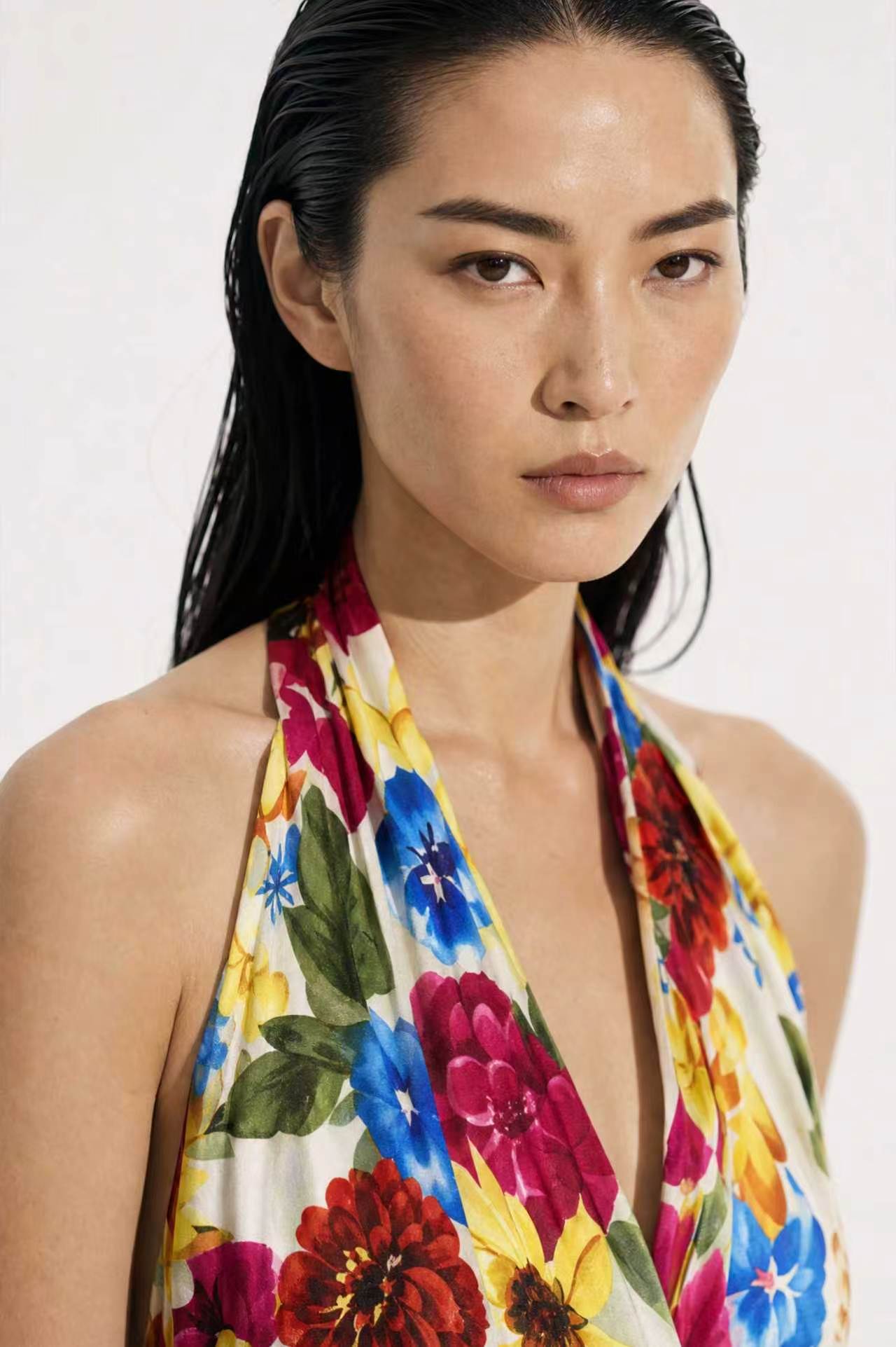 A close-up view of a professional model showcasing an elegant multi-color tropical floral print halter dress, featuring a sophisticated plunge V-neckline and vibrant red, blue, and yellow blossom patterns for a chic summer resort look.