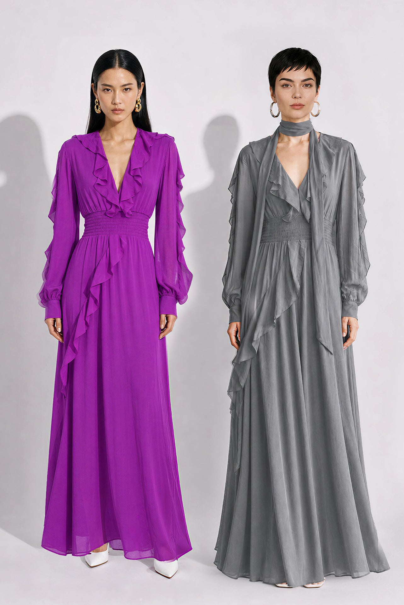 A style comparison of two elegant long-sleeve chiffon maxi dresses; the left showcasing a vibrant purple dress with a deep V-neckline and tiered ruffles along the sleeves, and the right featuring a sophisticated grey version styled with a matching neck scarf and smocked waistband.