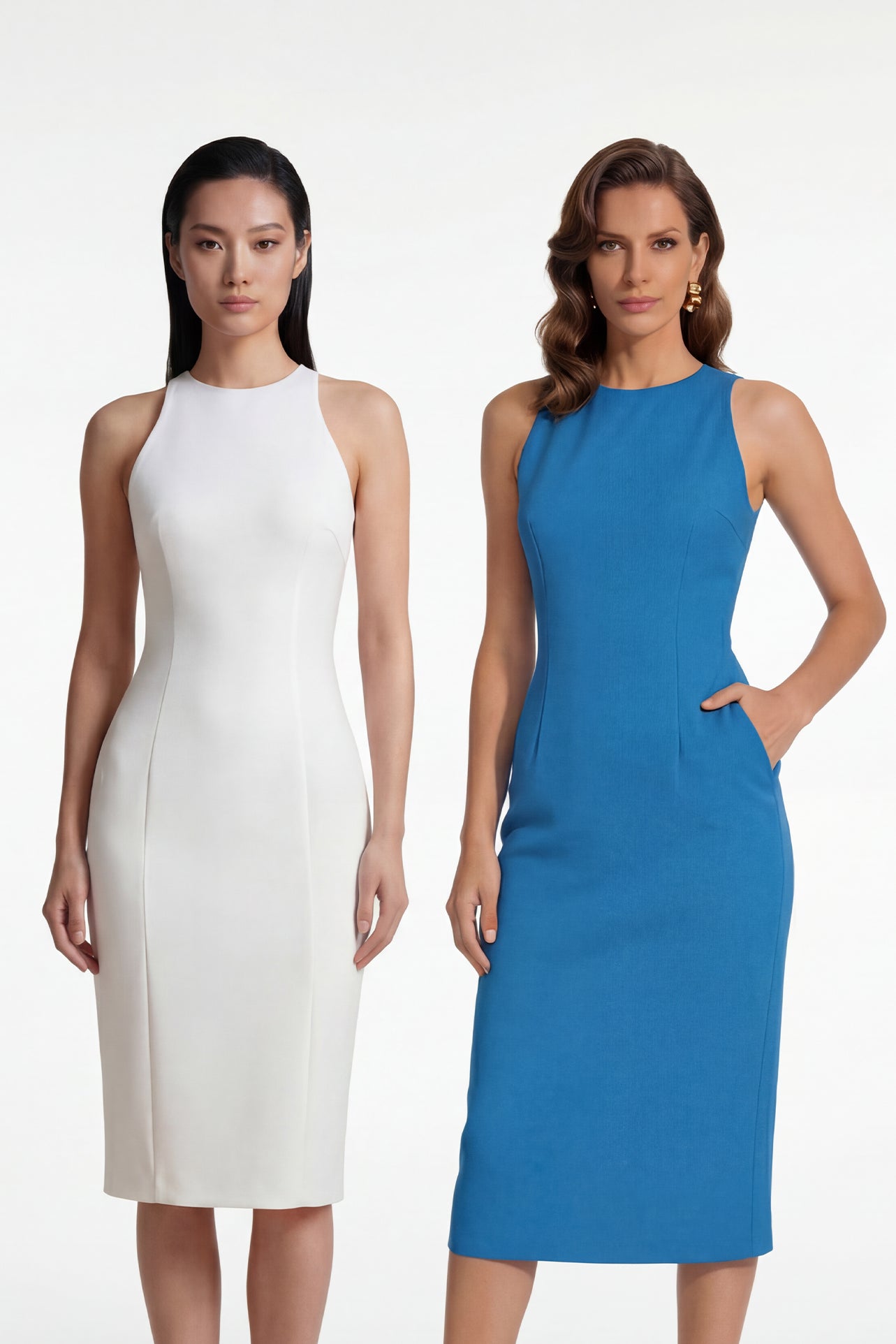 A comparison of two professional women modeling elegant halter-neck sheath dresses, one in crisp white and the other in vibrant mid-blue, featuring a tailored slim fit and side pockets for a sophisticated office or social look.