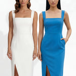 Two professional models wearing elegant square-neck sheath dresses in crisp white and vibrant mid-blue, featuring a tailored slim fit, a front slit, and a functional side pocket for a sophisticated office or social look.
