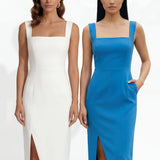 Two professional models wearing elegant square-neck sheath dresses in crisp white and vibrant mid-blue, featuring a tailored slim fit, a front slit, and a functional side pocket for a sophisticated office or social look.