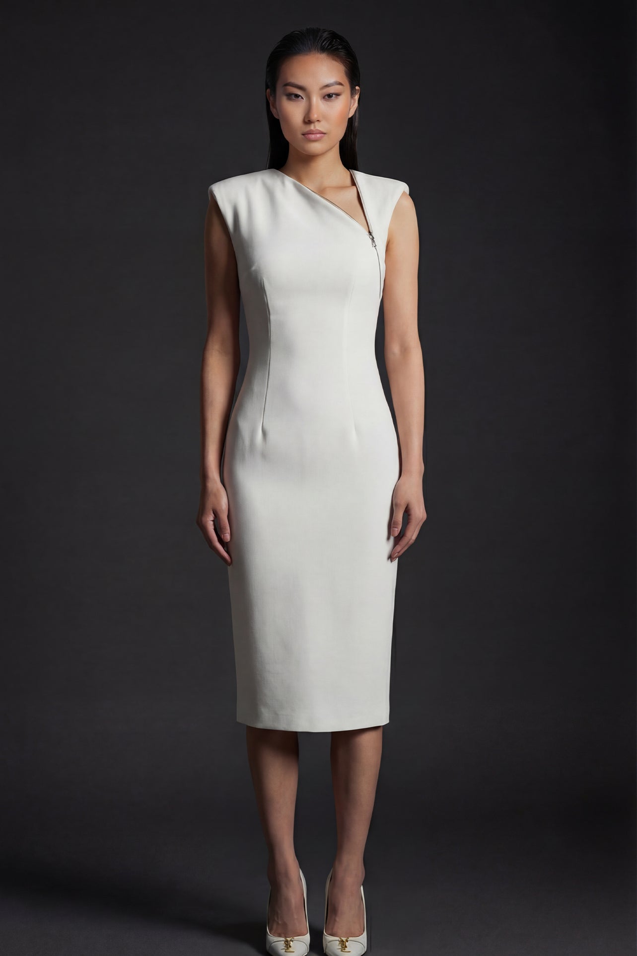 A professional woman wearing a sophisticated ivory sleeveless sheath dress, featuring a unique asymmetric zipper neckline and a tailored slim-fit silhouette for a modern executive office or cocktail look.