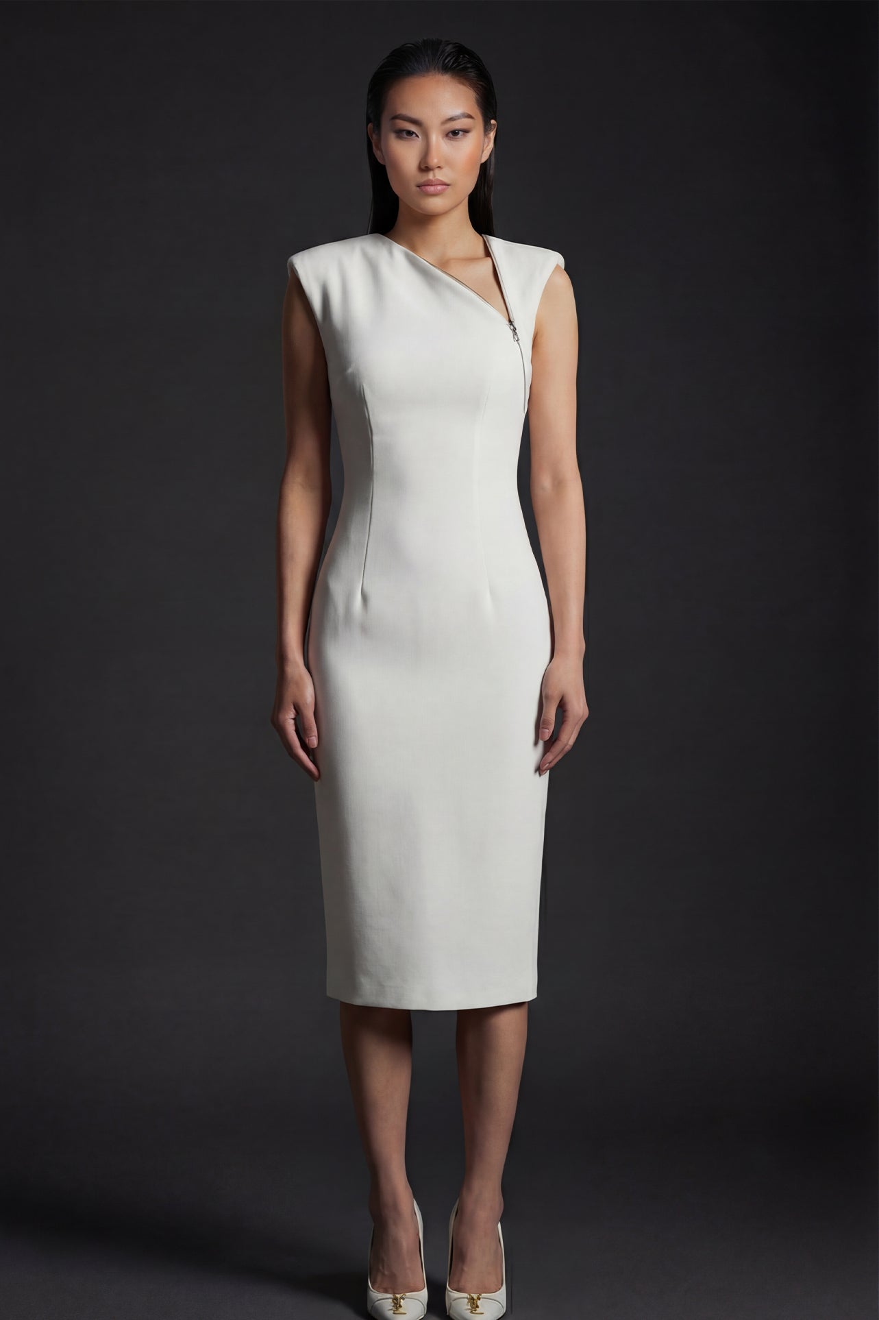 A professional woman wearing a sophisticated ivory sleeveless sheath dress, featuring a unique asymmetric zipper neckline and a tailored slim-fit silhouette for a modern executive office or cocktail look.