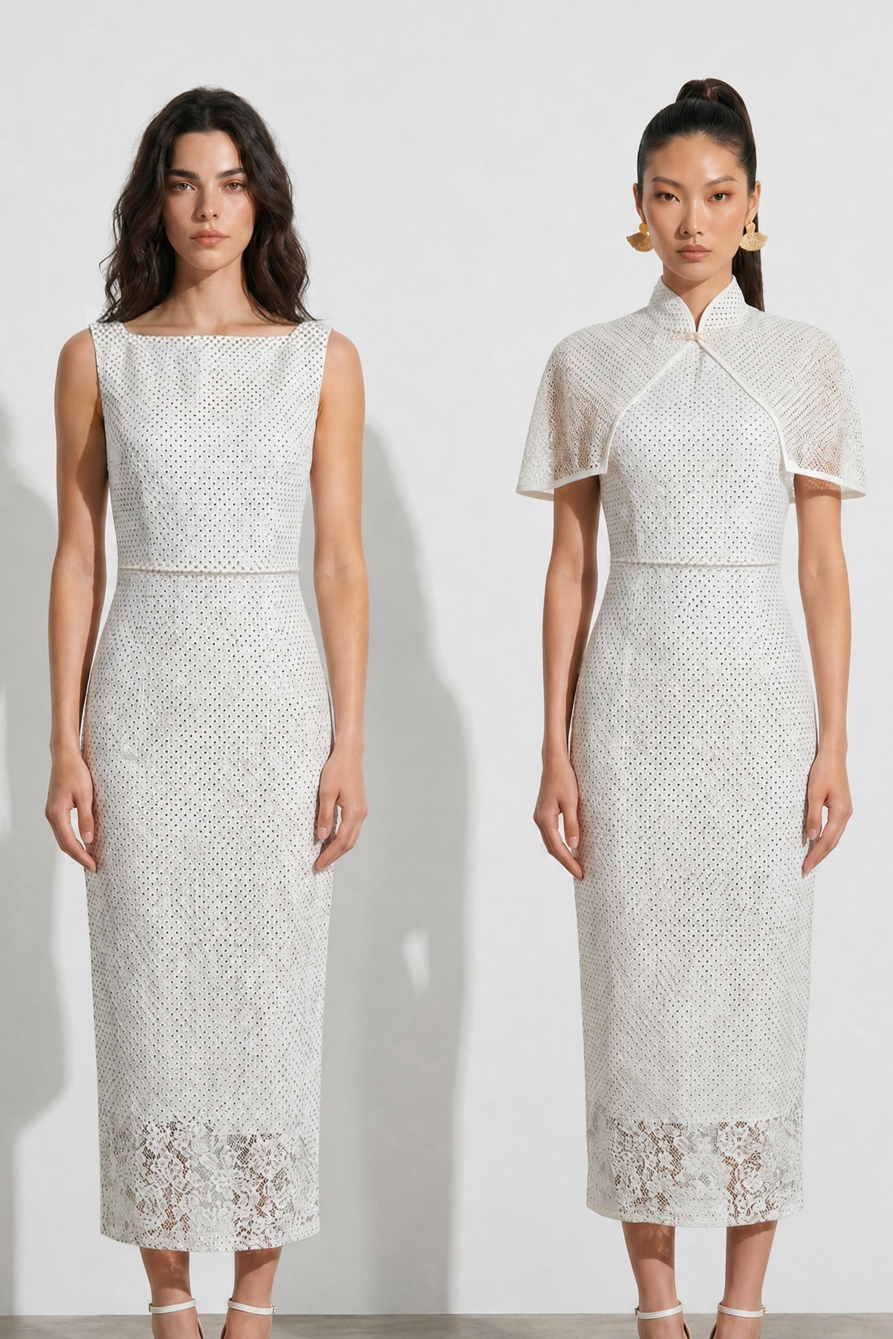 A collection of two professional models wearing elegant white lace midi dresses; the left showcasing a minimalist sleeveless bateau neck sheath dress, and the right featuring a modern Chinese qipao with a sophisticated capelet sleeve detail and traditional mandarin collar.