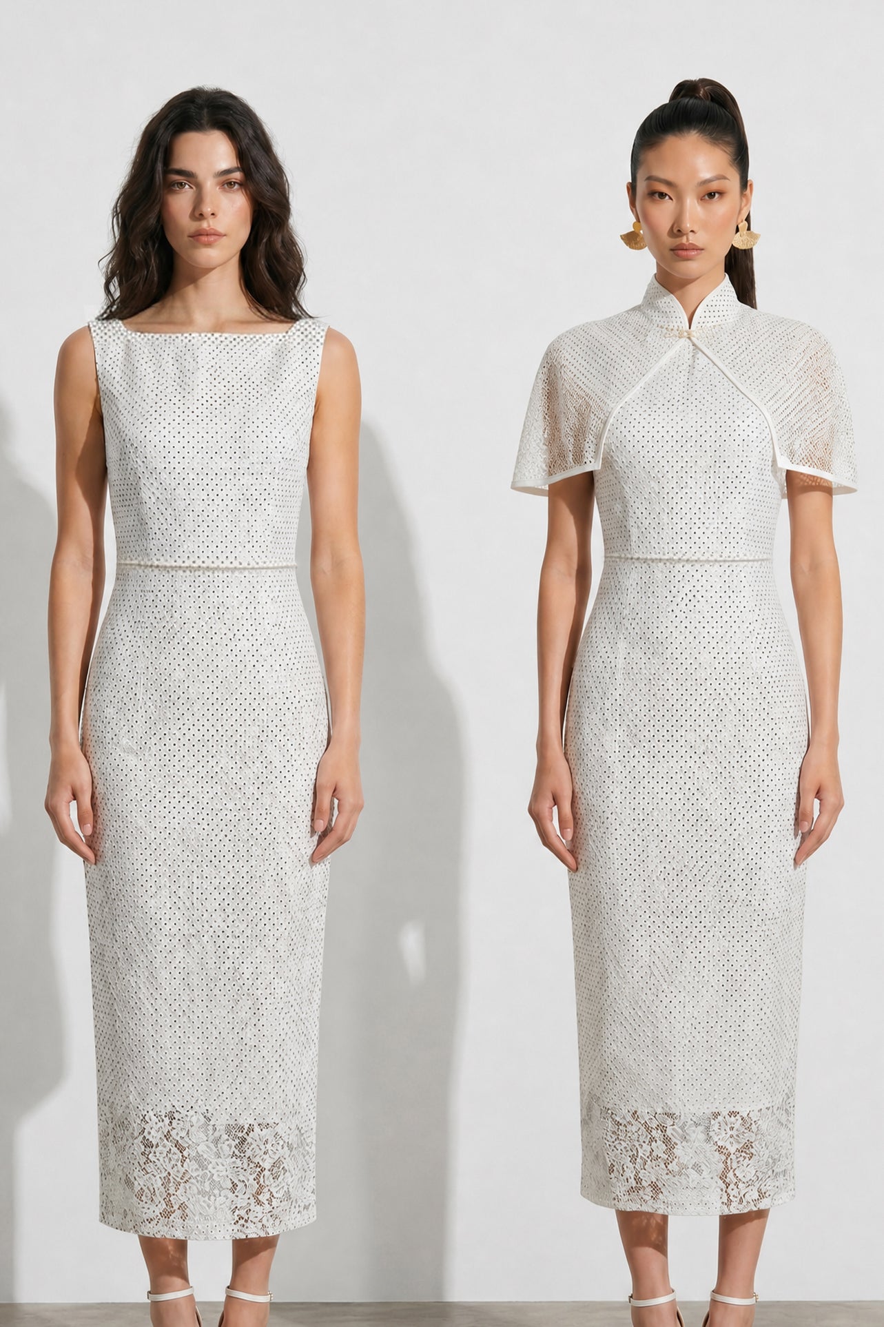 A collection of two professional models wearing elegant white lace midi dresses; the left showcasing a minimalist sleeveless bateau neck sheath dress, and the right featuring a modern Chinese qipao with a sophisticated capelet sleeve detail and traditional mandarin collar.