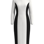 A professional woman wearing a sophisticated black and white color-block midi dress, featuring slimming side panels, long sleeves, and an elegant black belt with a gold buckle for a modern executive office look.