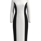A professional woman wearing a sophisticated black and white color-block midi dress, featuring slimming side panels, long sleeves, and an elegant black belt with a gold buckle for a modern executive office look.