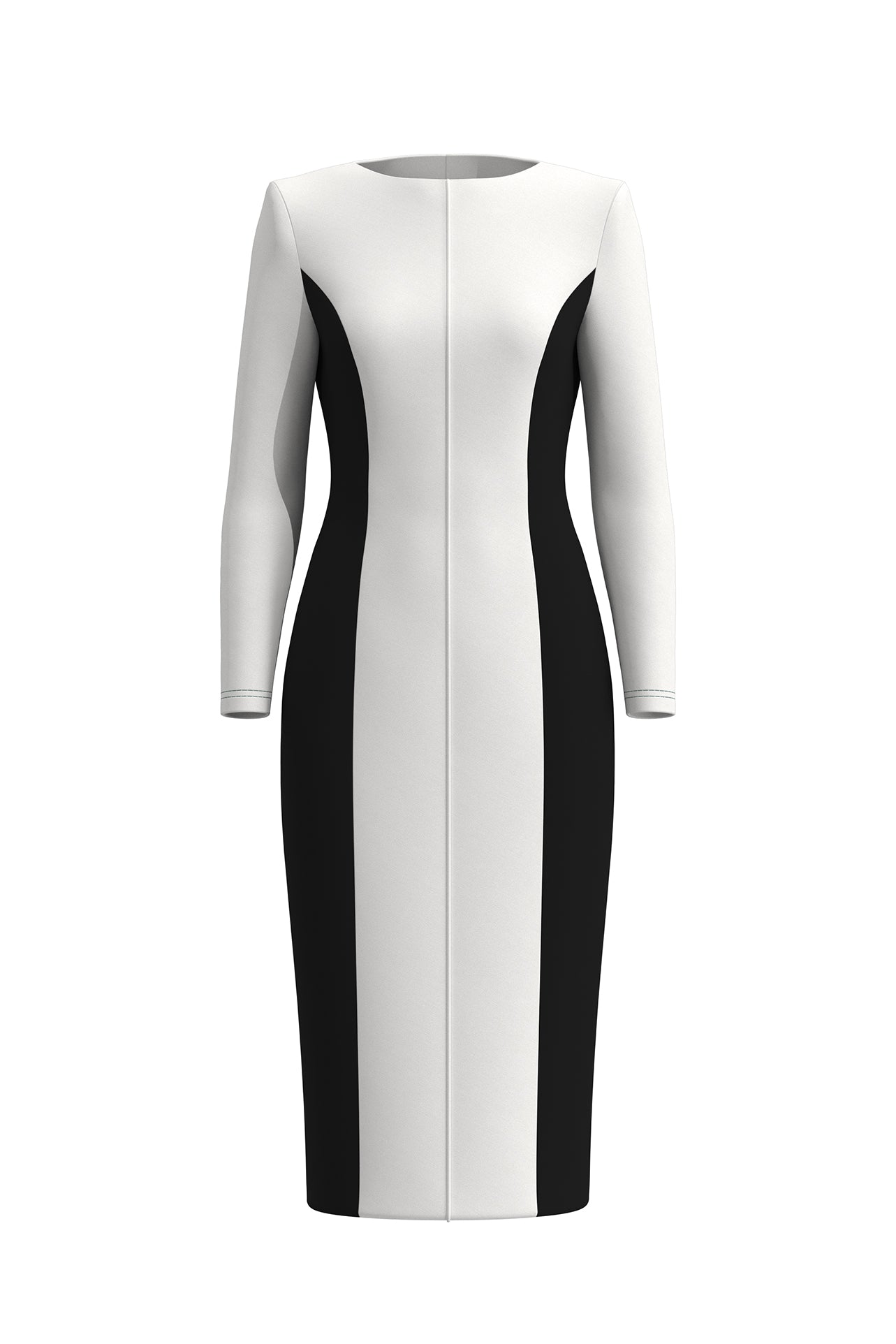 A professional woman wearing a sophisticated black and white color-block midi dress, featuring slimming side panels, long sleeves, and an elegant black belt with a gold buckle for a modern executive office look.