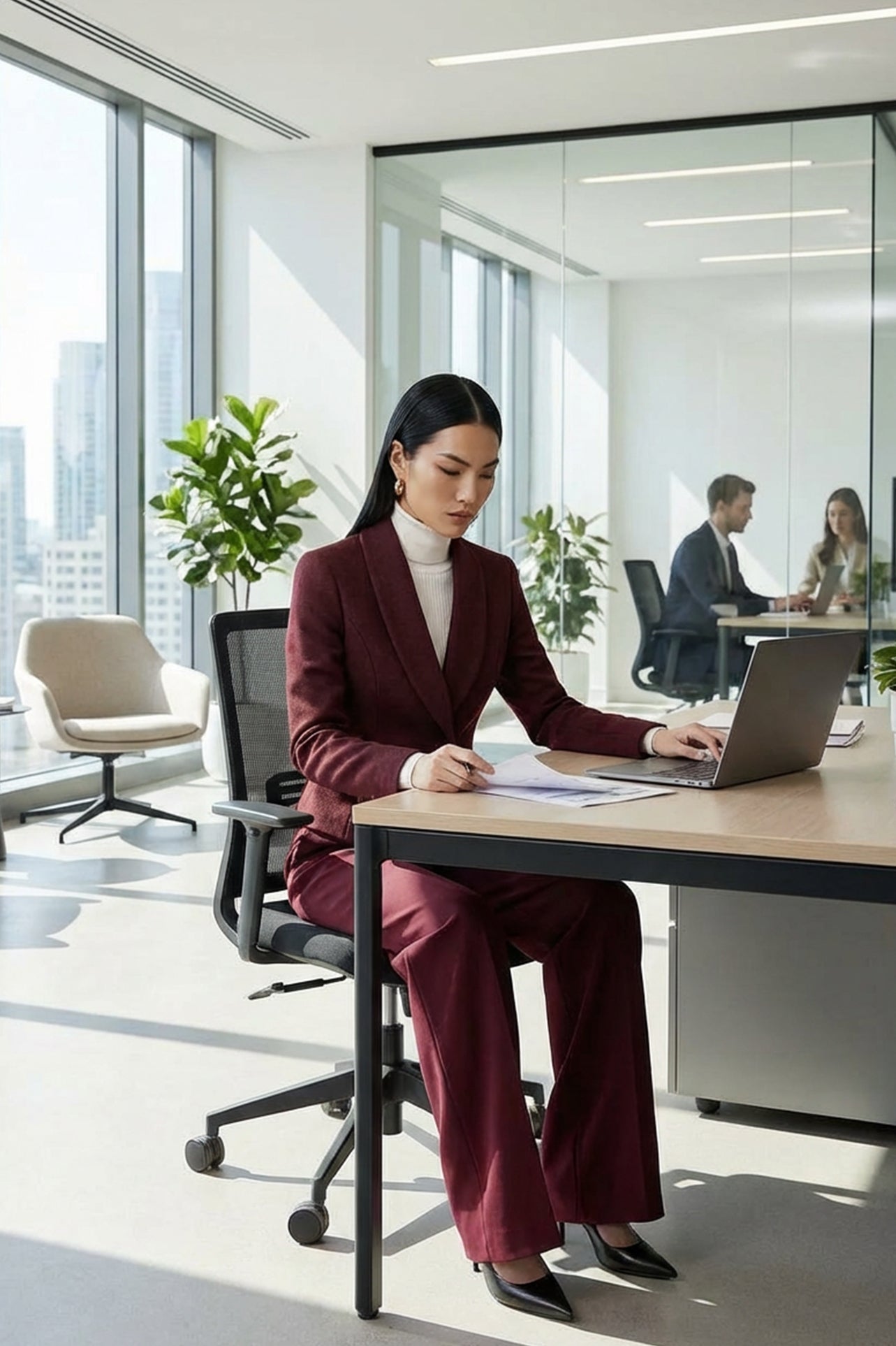 A professional woman wearing a sophisticated burgundy blazer suit with a classic shawl lapel and a white turtleneck, perfect for a high-end executive office look.