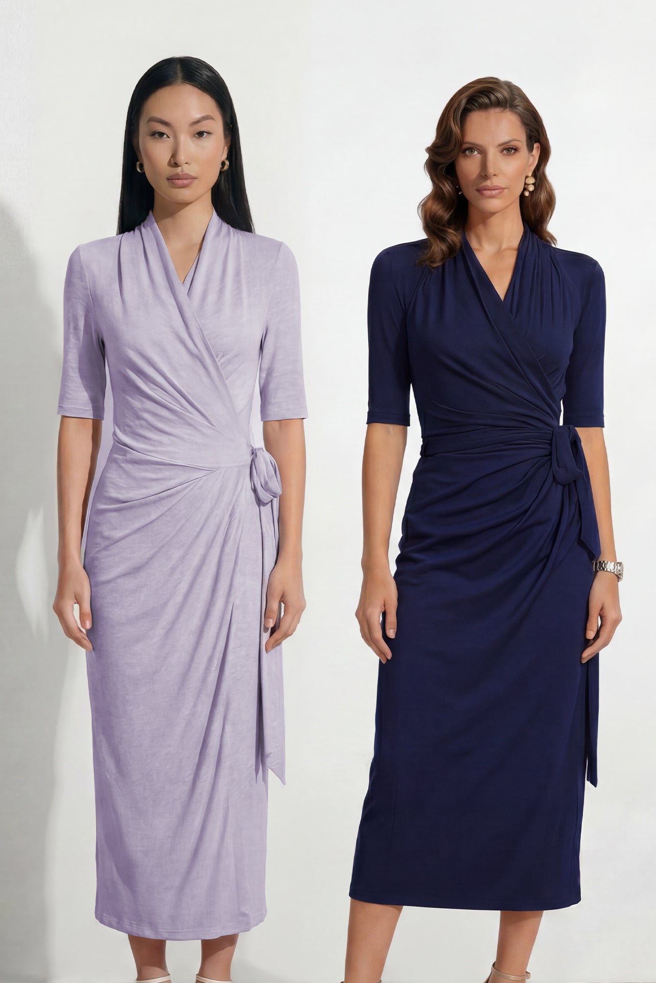 Two professional models wearing elegant wrap midi dresses with elbow-length sleeves; the left in a soft pastel lavender and the right in a deep navy blue, both featuring a sophisticated surplice V-neckline and slimming side ruched draping with a waist tie