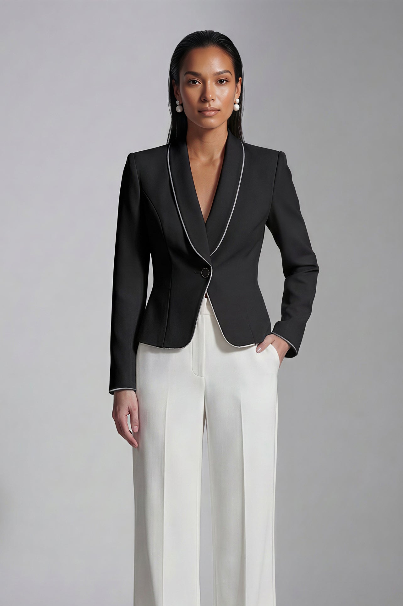Two elegant professional women modeling high-end monochrome executive suits, one in a black blazer with white piping and wide-leg trousers, the other in a white blazer with dark trim and a matching pencil skirt.