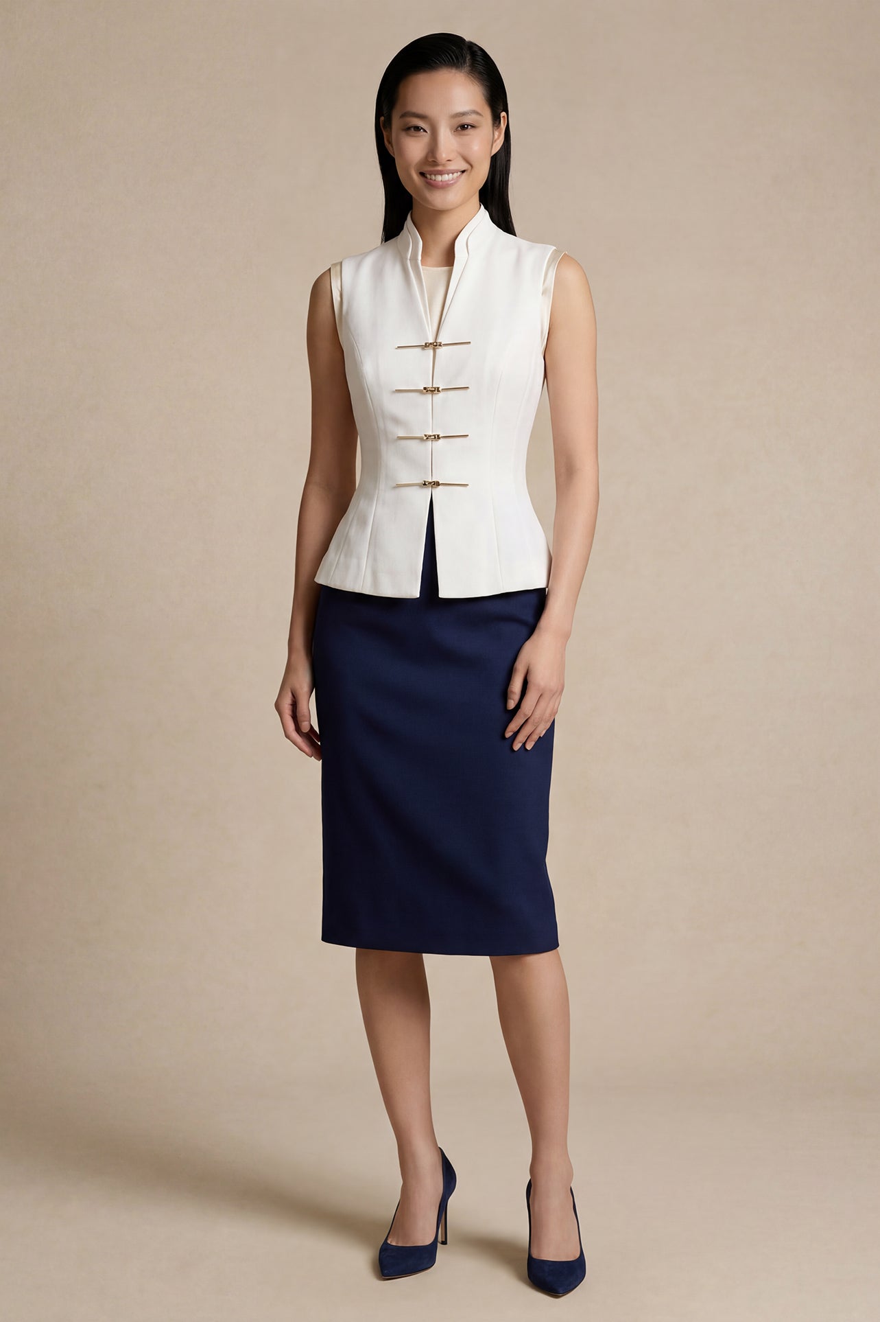 A professional woman modeling stylish high-waisted wide-leg trousers in a classic black pinstripe pattern, featuring sophisticated front pleats and a flattering long-line silhouette for an elegant office look.