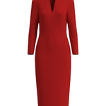 A professional woman wearing a sophisticated solid white long-sleeve sheath dress, featuring an elegant V-neckline and a slim black belt with a gold buckle for a polished executive office look.
