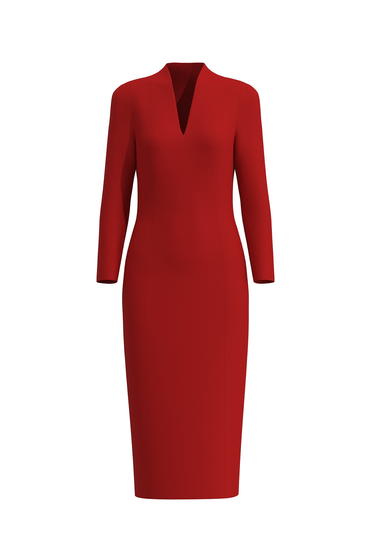 A professional woman wearing a sophisticated solid white long-sleeve sheath dress, featuring an elegant V-neckline and a slim black belt with a gold buckle for a polished executive office look.