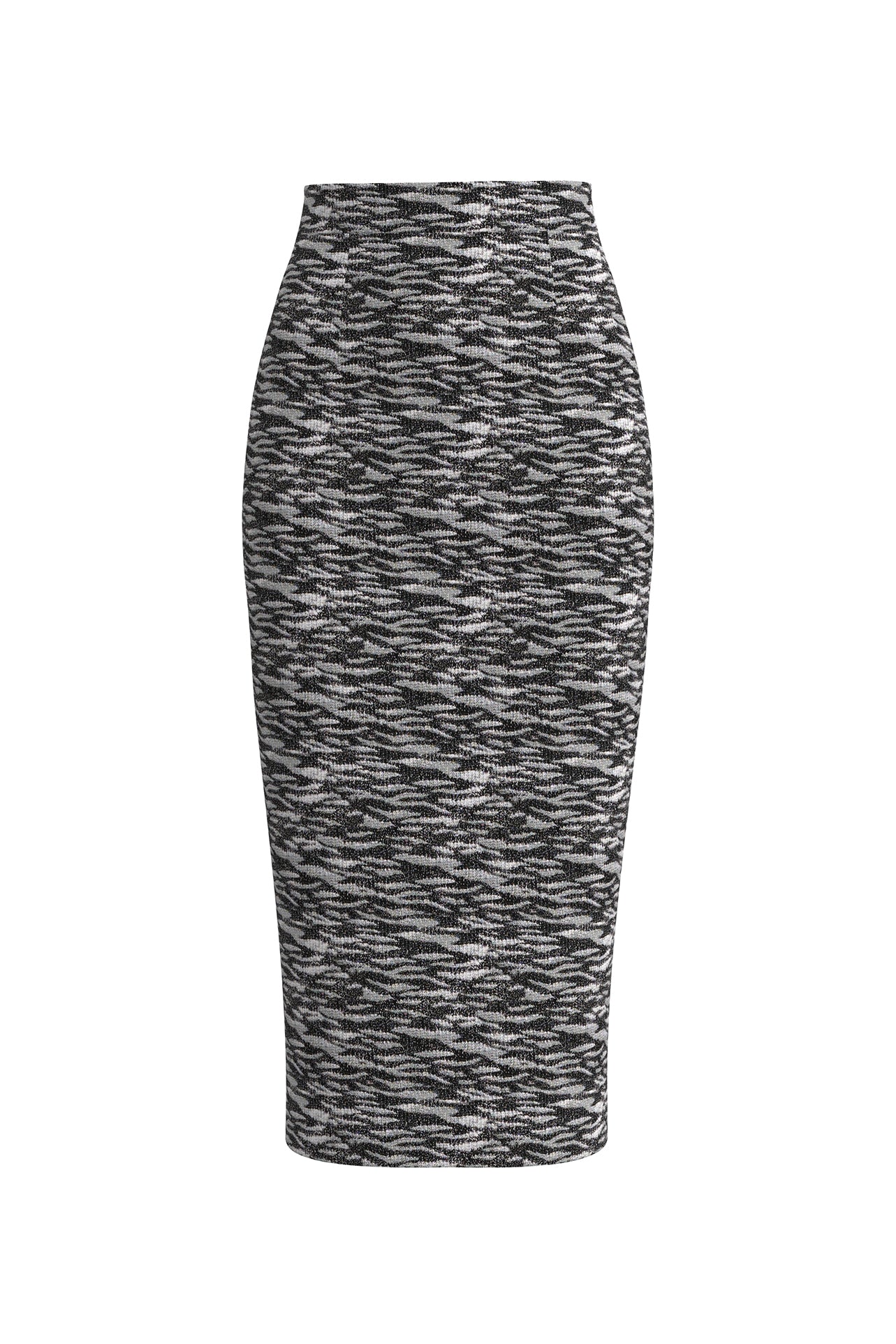 A woman wearing a glamorous high-waisted pencil skirt featuring shimmering silver and black sequins in a stylish zebra print, ideal for an elegant evening party or a night out.