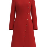 A professional woman smiling in a stunning festive red coat dress, featuring a stand-up mandarin collar with a large 3d rose ornament and an elegant side-button closure, perfect for a Christmas or holiday formal event.