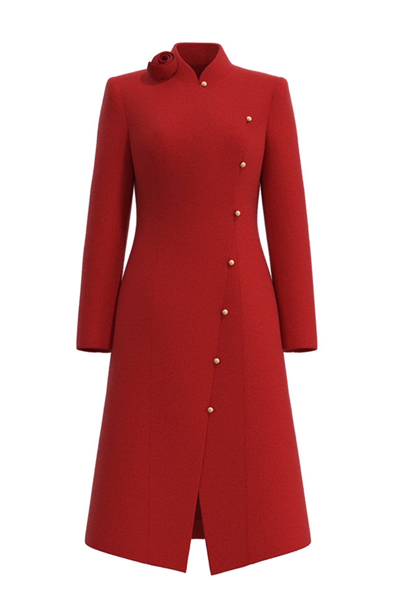 A professional woman smiling in a stunning festive red coat dress, featuring a stand-up mandarin collar with a large 3d rose ornament and an elegant side-button closure, perfect for a Christmas or holiday formal event.
